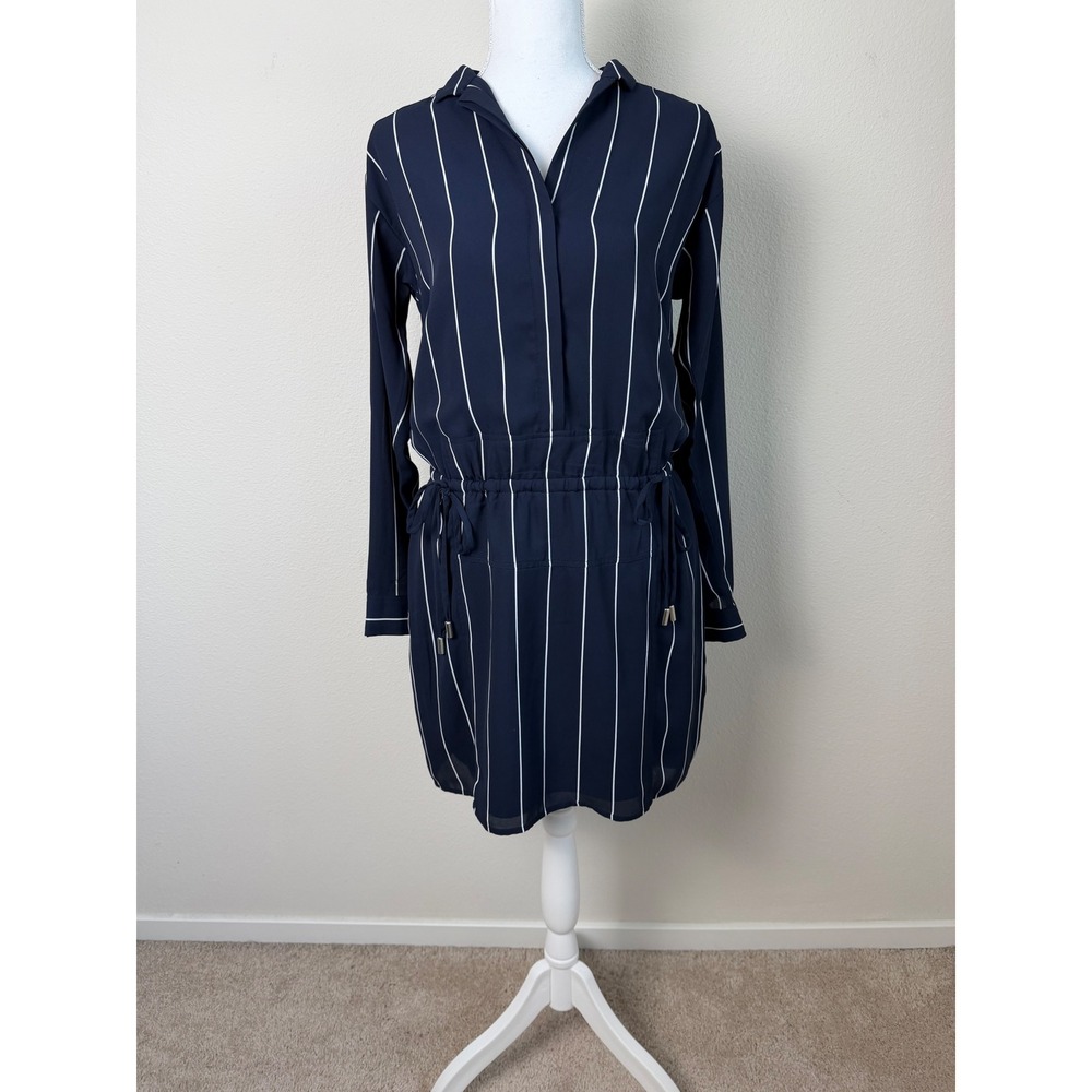 Banana Republic Women Pinstripe Shirtdress 0 Navy Blue Drawstring Waist Preppy